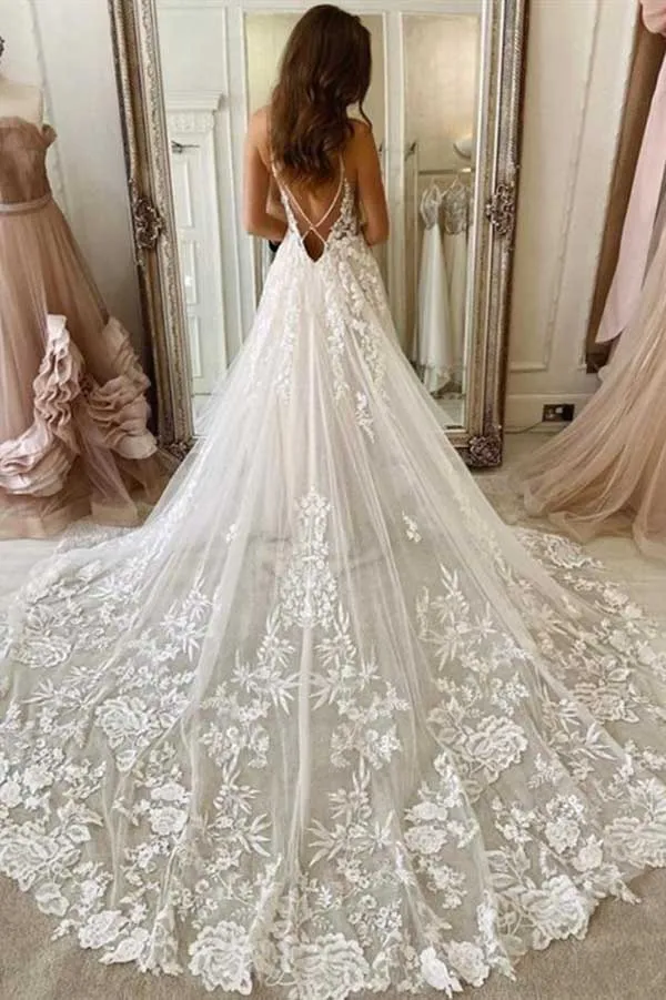 Roycebridal Ivory Tulle A-line V-neck Spaghetti Straps Lace Appliques Wedding Dresses, MW739
