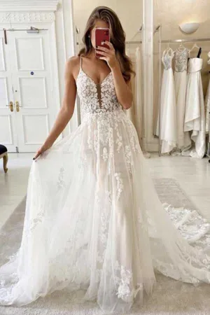 Roycebridal Ivory Tulle A-line V-neck Spaghetti Straps Lace Appliques Wedding Dresses, MW739