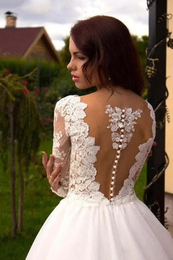 Roycebridal Ivory Tulle Boho Princess A-line V-neck Long Sleeves Wedding Dresses, MW669