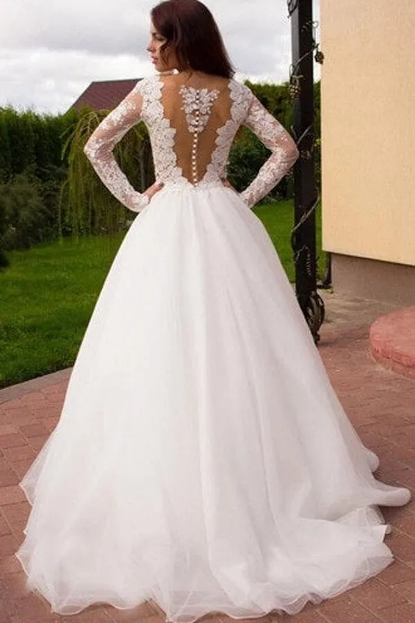 Roycebridal Ivory Tulle Boho Princess A-line V-neck Long Sleeves Wedding Dresses, MW669