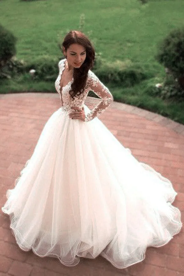 Roycebridal Ivory Tulle Boho Princess A-line V-neck Long Sleeves Wedding Dresses, MW669