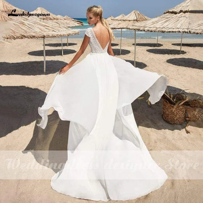 Roycebridal Lace Wedding Dresses 2021 V-Neck Backless Boho Beach Chiffon