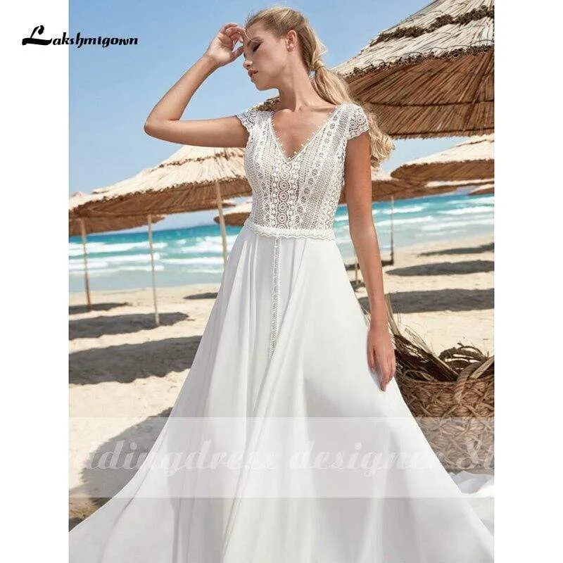 Roycebridal Lace Wedding Dresses 2021 V-Neck Backless Boho Beach Chiffon