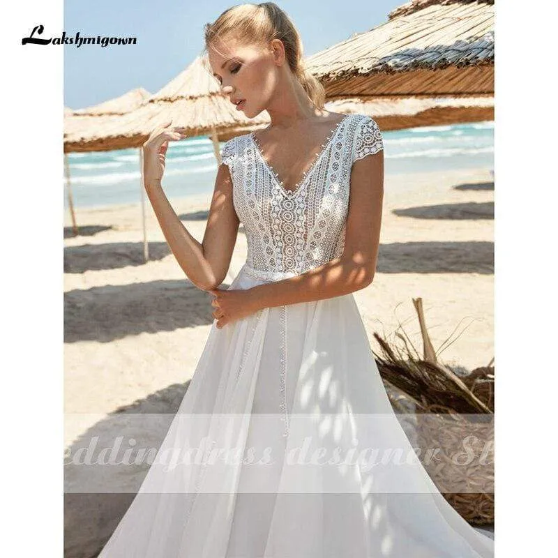 Roycebridal Lace Wedding Dresses 2021 V-Neck Backless Boho Beach Chiffon
