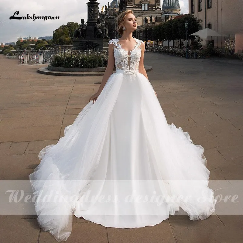 Roycebridal Lakshmigown Bohemian Wedding Dresses 2021 V-Neck Cap Sleeve Beach A-Line Country Bridal Gowns with Detachable vestido de novia