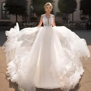Roycebridal Lakshmigown Bohemian Wedding Dresses 2021 V-Neck Cap Sleeve Beach A-Line Country Bridal Gowns with Detachable vestido de novia