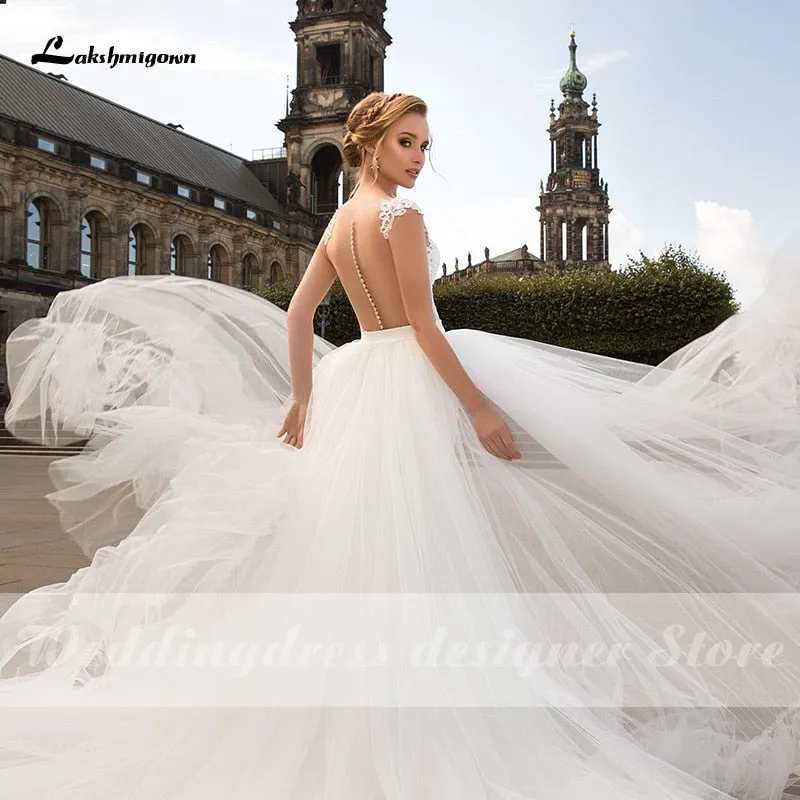 Roycebridal Lakshmigown Bohemian Wedding Dresses 2021 V-Neck Cap Sleeve Beach A-Line Country Bridal Gowns with Detachable vestido de novia