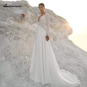 Roycebridal Lakshmigown Long Sleeves Boho Wedding Dresses V Neck Bohemian Lace