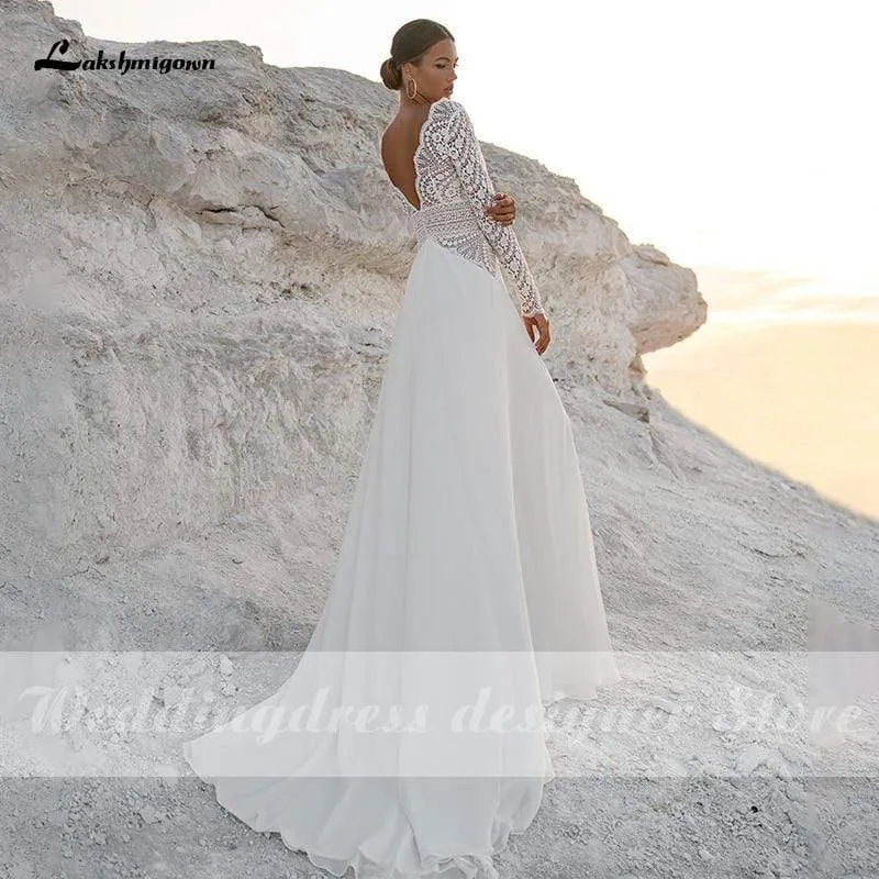 Roycebridal Lakshmigown Long Sleeves Boho Wedding Dresses V Neck Bohemian Lace