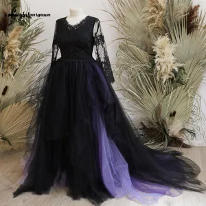 Roycebridal Lakshmigown Purple Black Gothic Wedding Dresses 2021 abito da sposa Sexy Slit Tulle Long Sleeve Bridal Gown vestido de novia