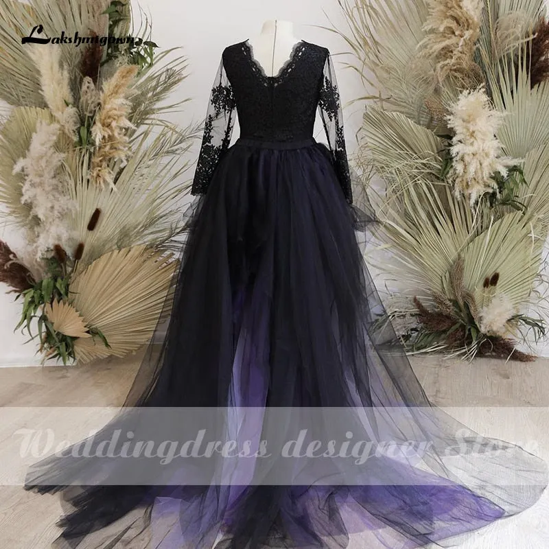 Roycebridal Lakshmigown Purple Black Gothic Wedding Dresses 2021 abito da sposa Sexy Slit Tulle Long Sleeve Bridal Gown vestido de novia