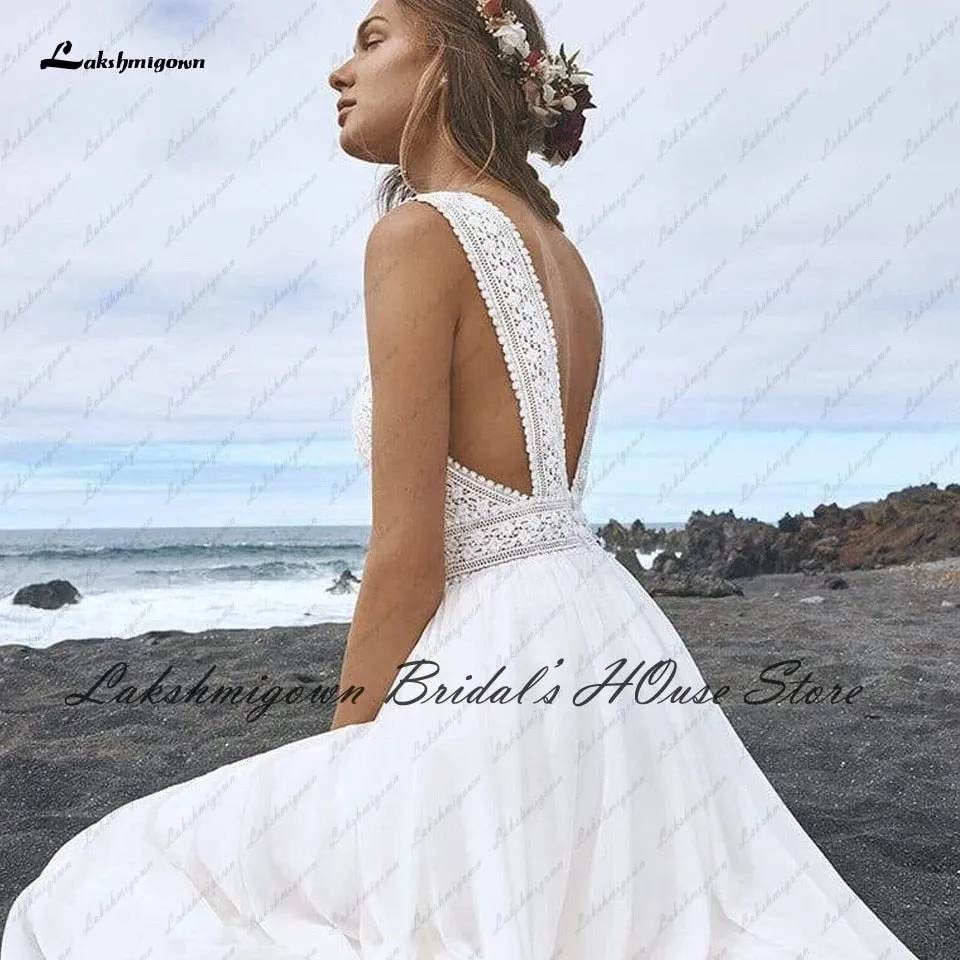 Roycebridal Lakshmigown Sexy Bridal Boho Wedding Dress Beach Summer 2022 Boda Plunging Backless Civil Women A Line Wedding Dresses