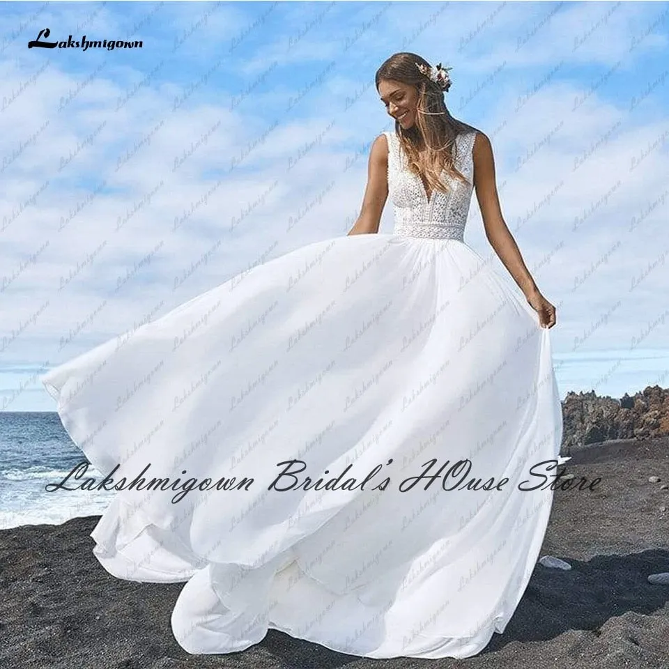 Roycebridal Lakshmigown Sexy Bridal Boho Wedding Dress Beach Summer 2022 Boda Plunging Backless Civil Women A Line Wedding Dresses