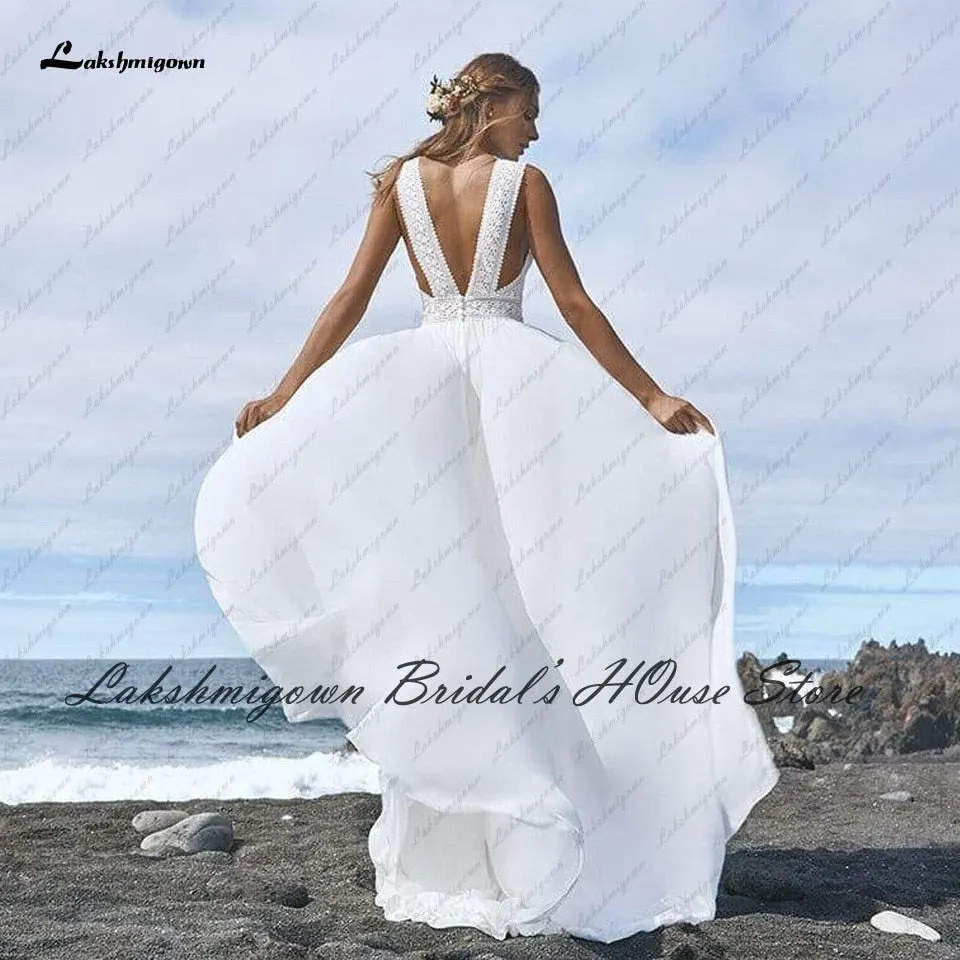 Roycebridal Lakshmigown Sexy Bridal Boho Wedding Dress Beach Summer 2022 Boda Plunging Backless Civil Women A Line Wedding Dresses