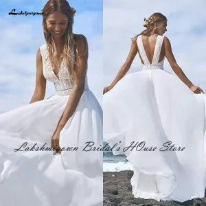 Roycebridal Lakshmigown Sexy Bridal Boho Wedding Dress Beach Summer 2022 Boda Plunging Backless Civil Women A Line Wedding Dresses