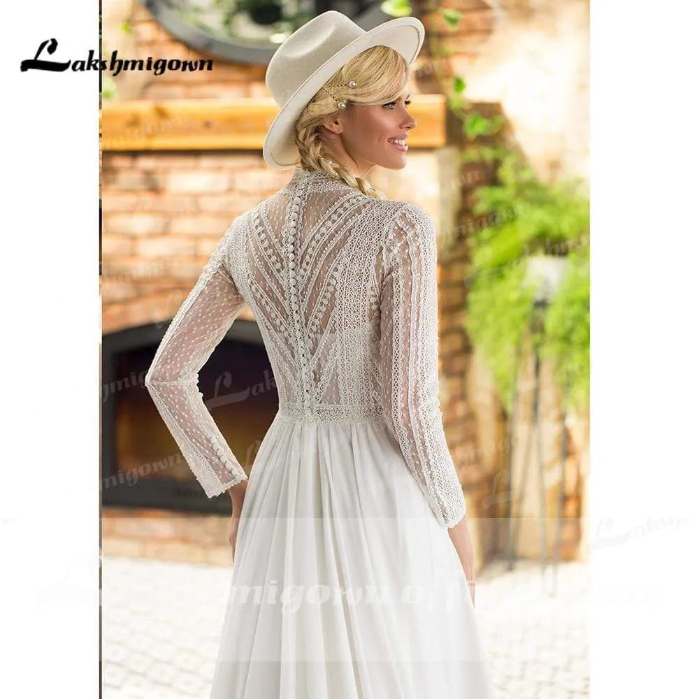Roycebridal Long Sleeve Chiffon Lace Beach Elegant Wedding Dresses