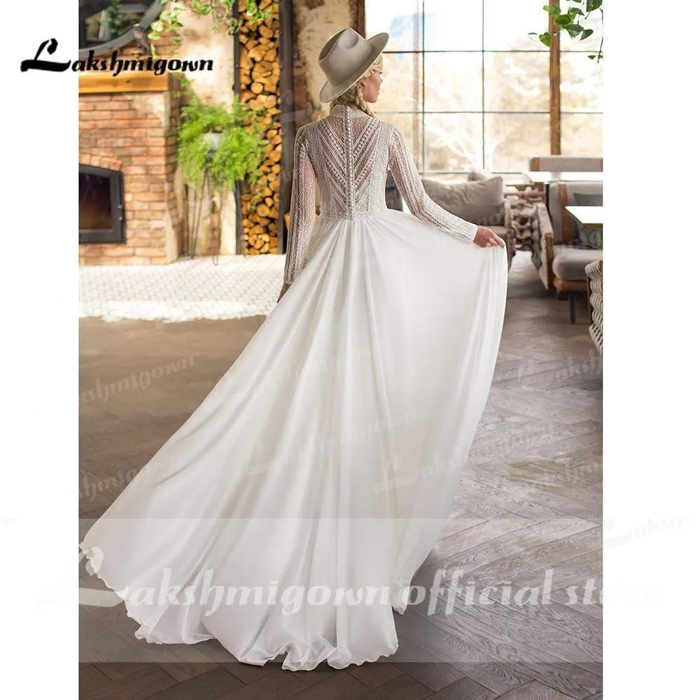 Roycebridal Long Sleeve Chiffon Lace Beach Elegant Wedding Dresses