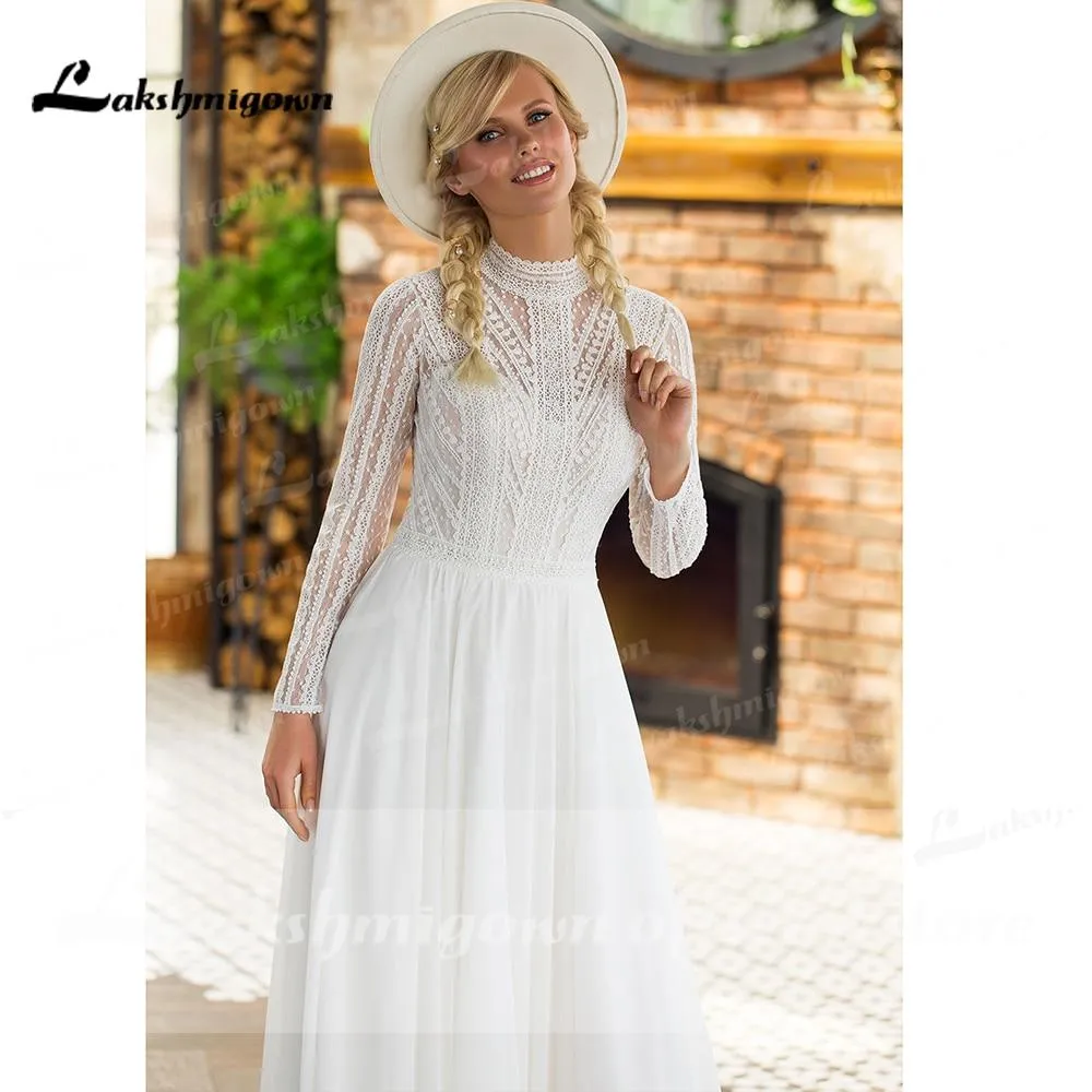 Roycebridal Long Sleeve Chiffon Lace Beach Elegant Wedding Dresses