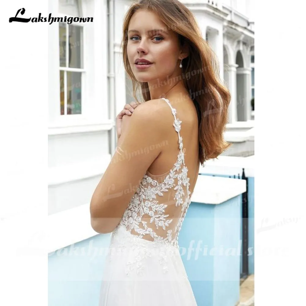 Roycebridal Long Sleeve Deep V Neck Lace Beads Luxury Backless Wedding Dresses