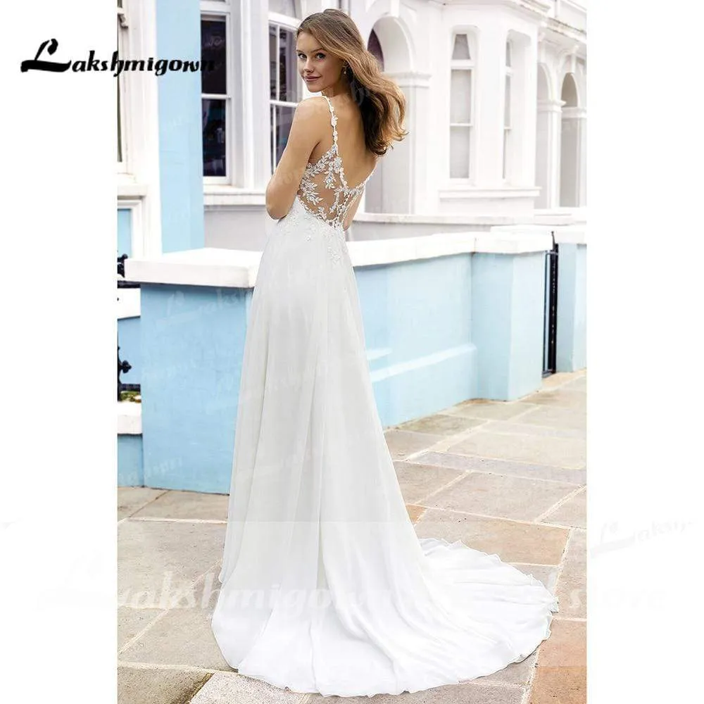 Roycebridal Long Sleeve Deep V Neck Lace Beads Luxury Backless Wedding Dresses