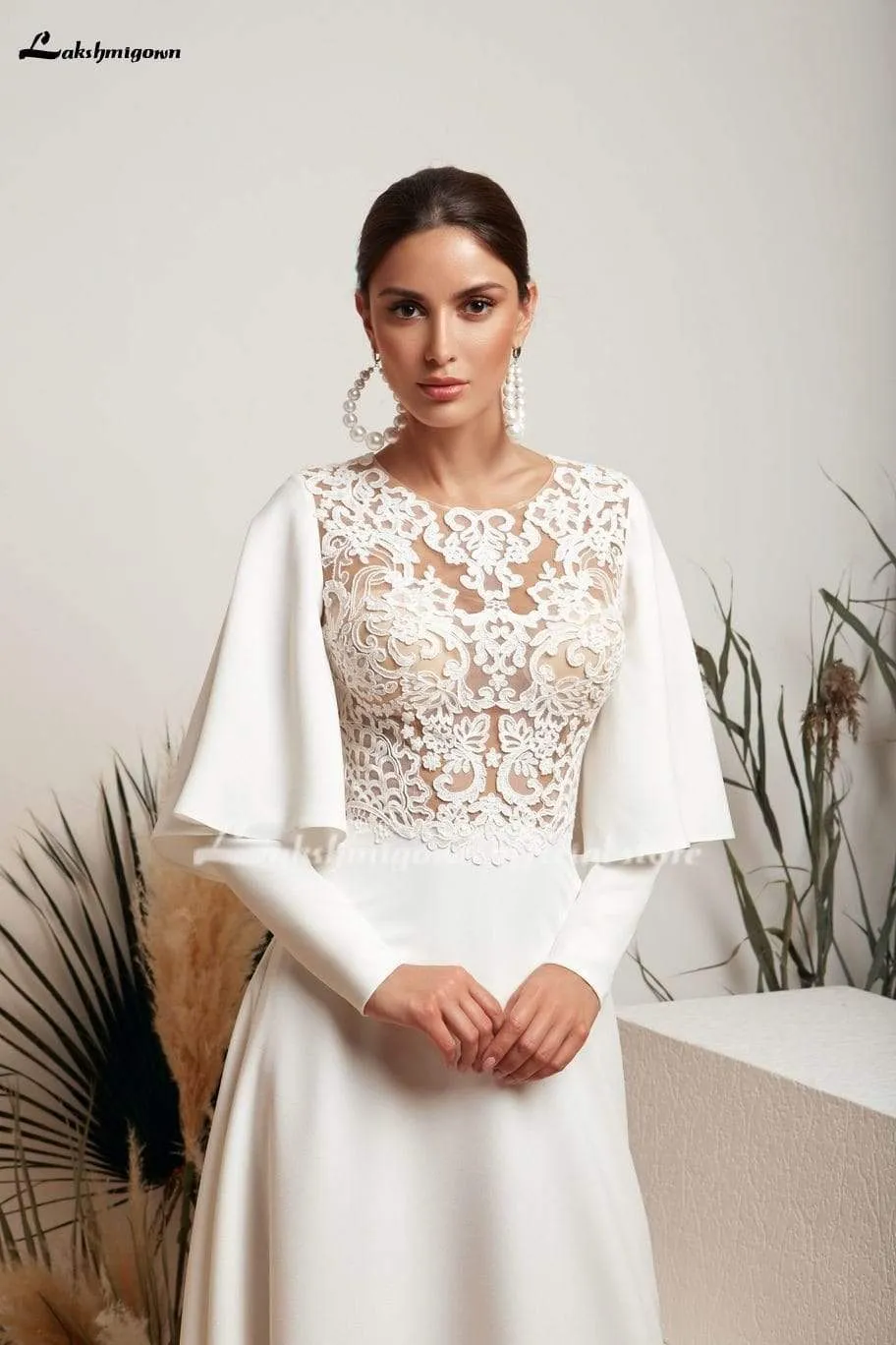 Roycebridal Long Sleeve High Neck Lace Back Buttons Wedding Dresses