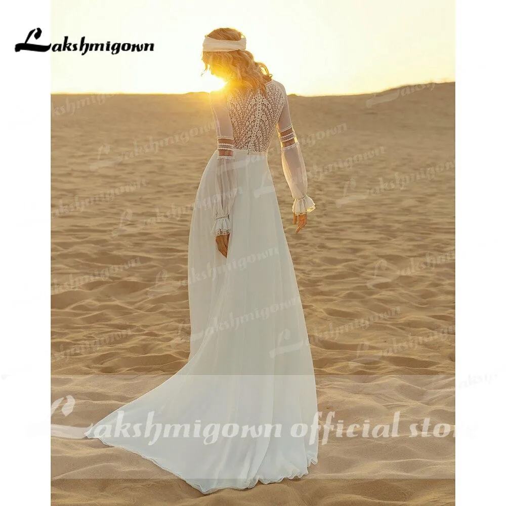 Roycebridal Long Sleeve Lace Chiffon Boho A Line Wedding Dresses
