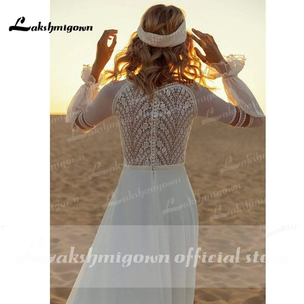 Roycebridal Long Sleeve Lace Chiffon Boho A Line Wedding Dresses