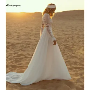Roycebridal Long Sleeve Lace Chiffon Boho A Line Wedding Dresses