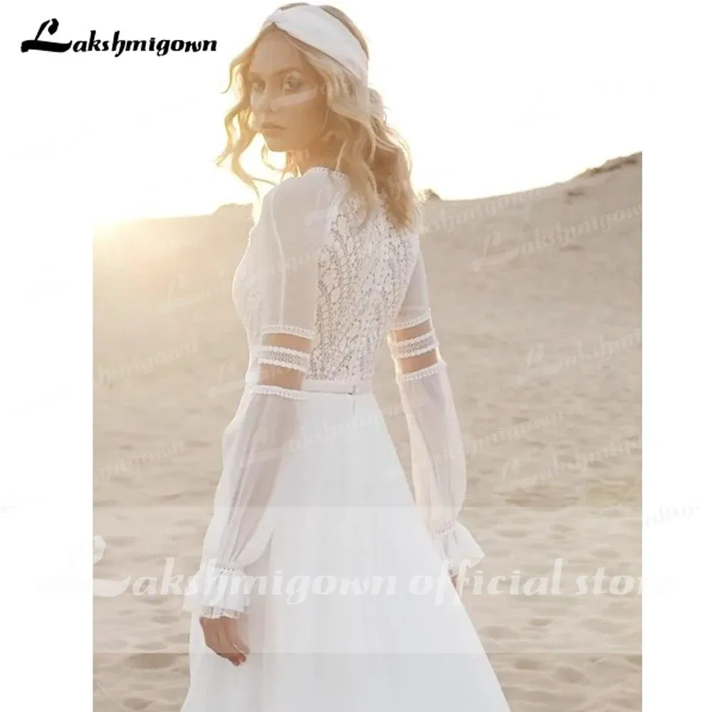 Roycebridal Long Sleeve Lace Chiffon Boho A Line Wedding Dresses