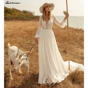 Roycebridal Long Sleeves Beach Wedding Dresses Lace Deep V Neck