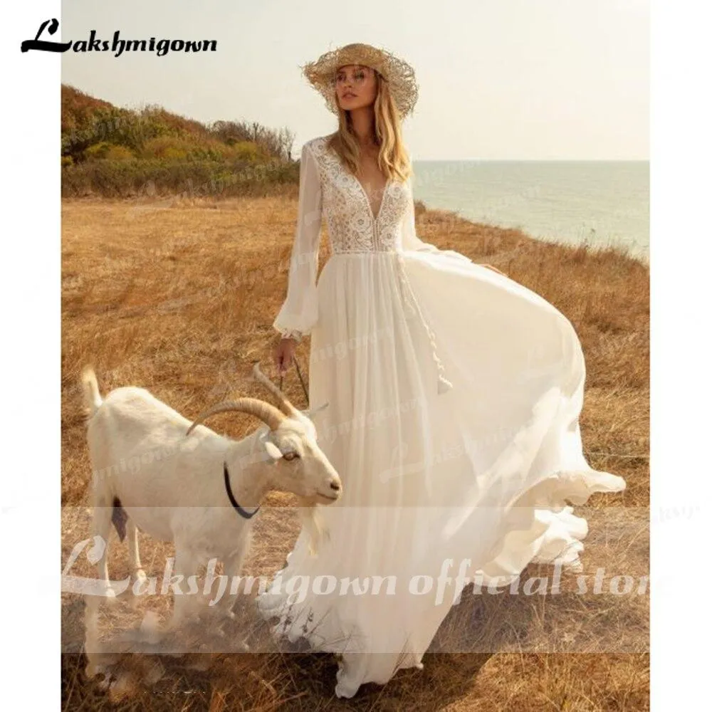 Roycebridal Long Sleeves Beach Wedding Dresses Lace Deep V Neck