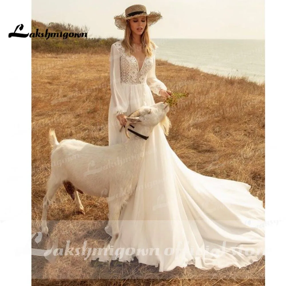 Roycebridal Long Sleeves Beach Wedding Dresses Lace Deep V Neck