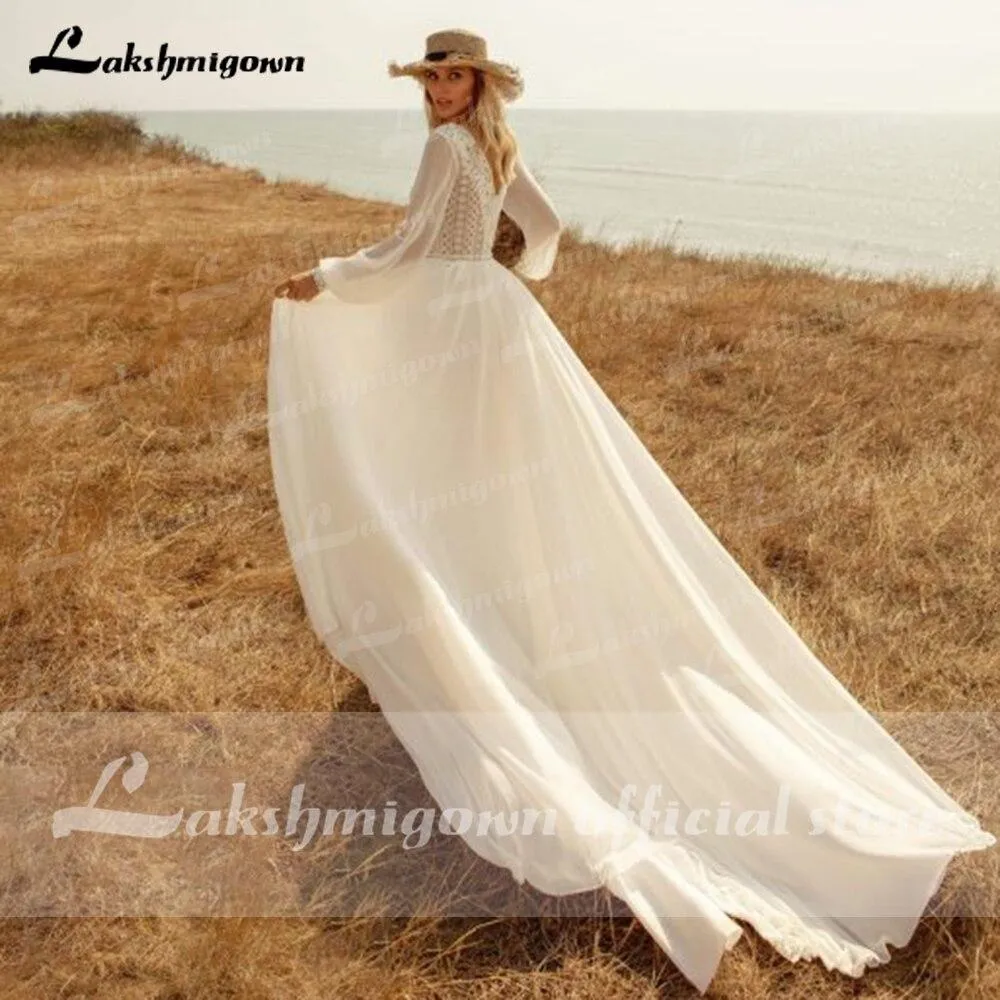 Roycebridal Long Sleeves Beach Wedding Dresses Lace Deep V Neck