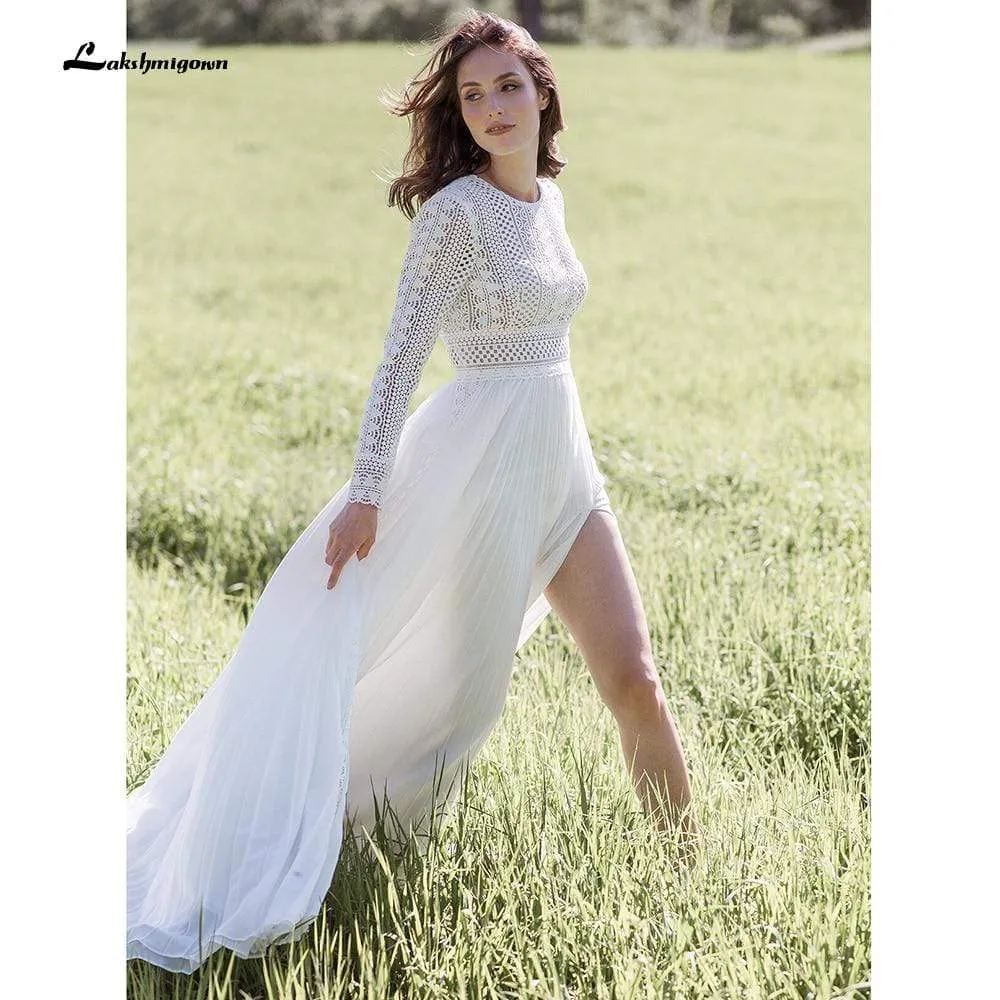 Roycebridal Long sleeves lace Wedding Dress Beach Simple Floor Length