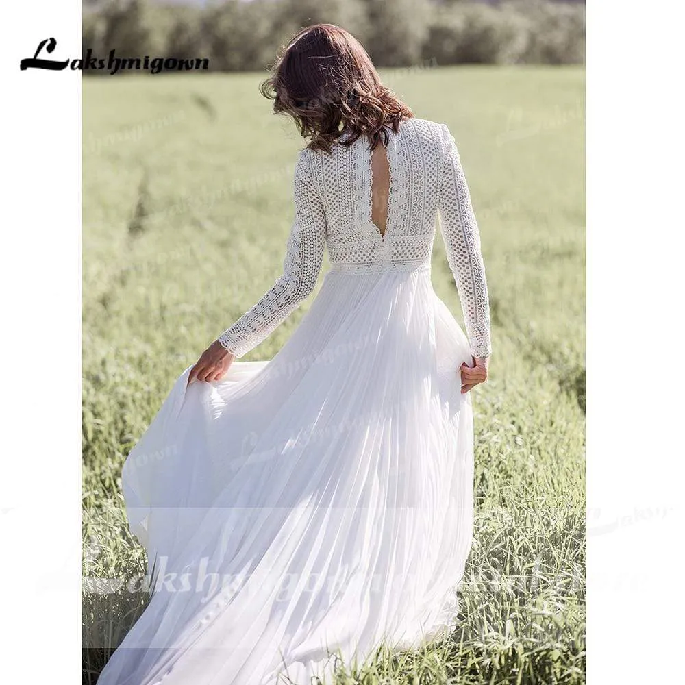 Roycebridal Long sleeves lace Wedding Dress Beach Simple Floor Length