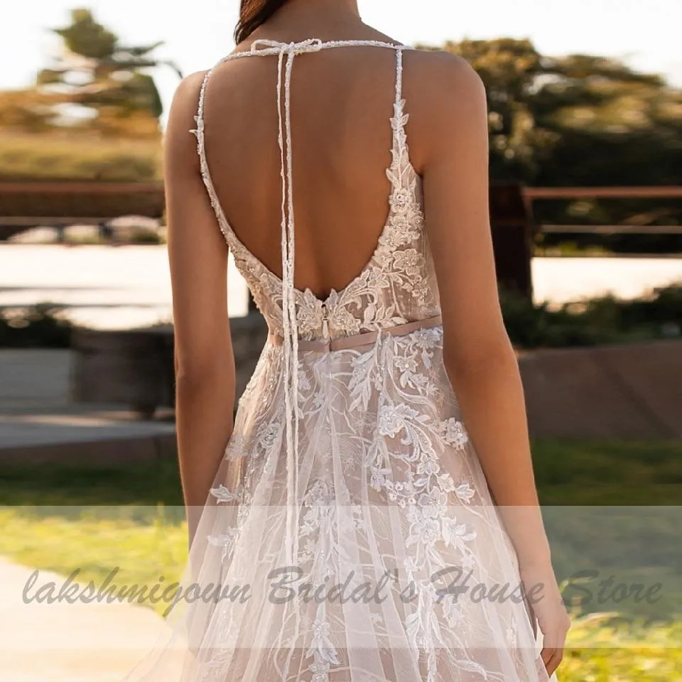 Roycebridal Luxury Beaded Lace Bohemian Wedding Dress Spaghetti Straps Sexy