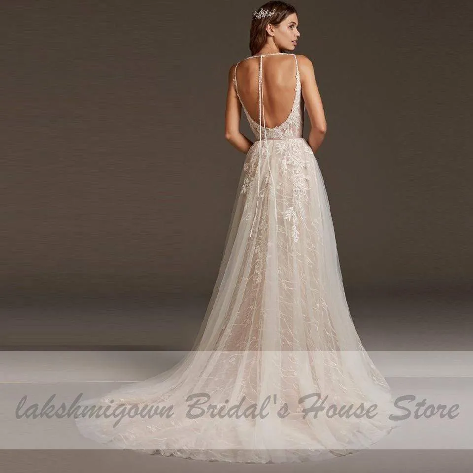 Roycebridal Luxury Beaded Lace Bohemian Wedding Dress Spaghetti Straps Sexy