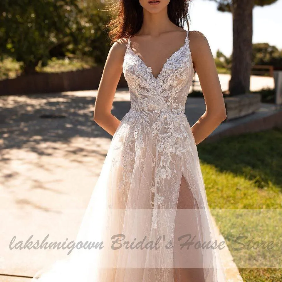 Roycebridal Luxury Beaded Lace Bohemian Wedding Dress Spaghetti Straps Sexy