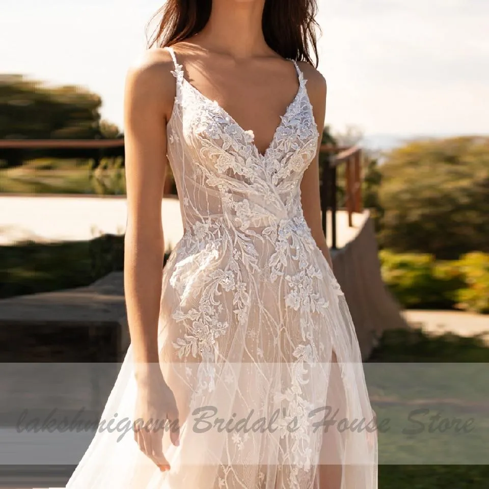 Roycebridal Luxury Beaded Lace Bohemian Wedding Dress Spaghetti Straps Sexy