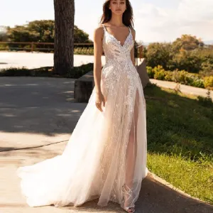 Roycebridal Luxury Beaded Lace Bohemian Wedding Dress Spaghetti Straps Sexy