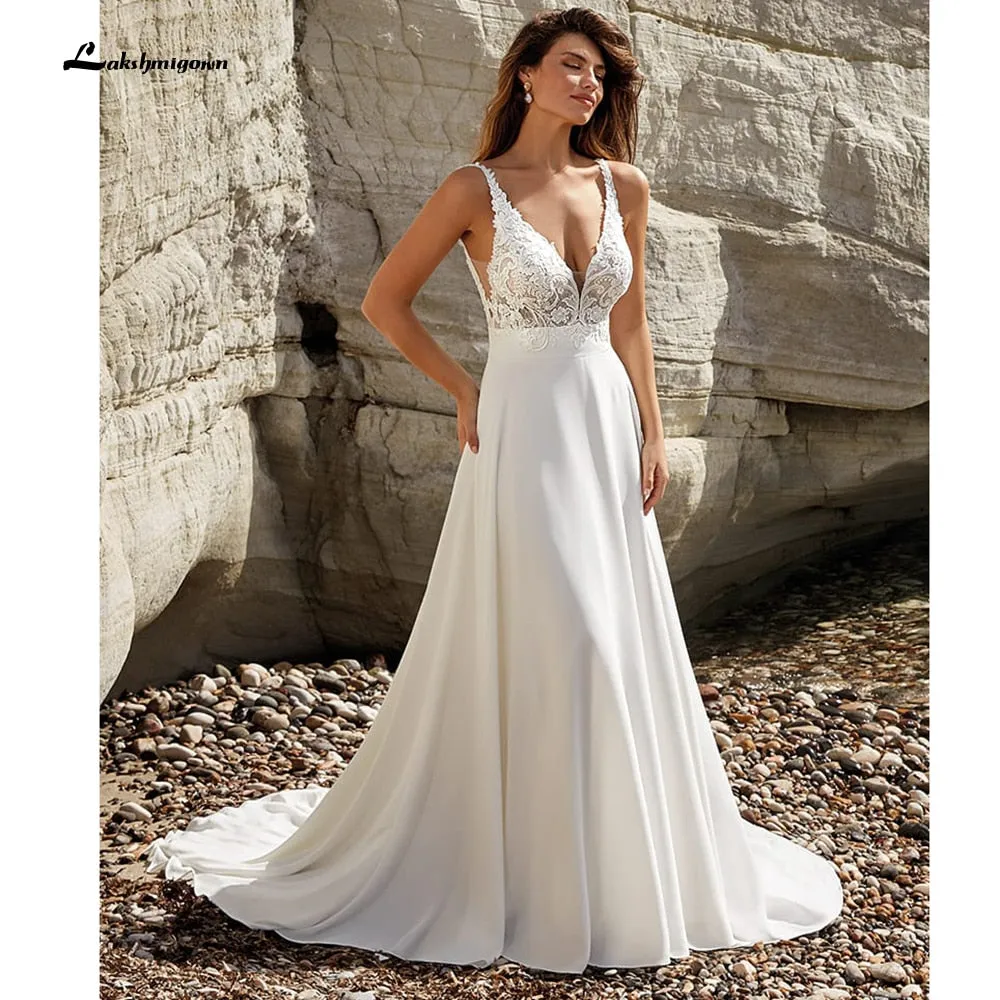 Roycebridal Modest V-Neck Wedding Dress 2022 Fashion lace appliques Sweep Train  A Line Bridal Gown New Arrival  Vestidos de Nova