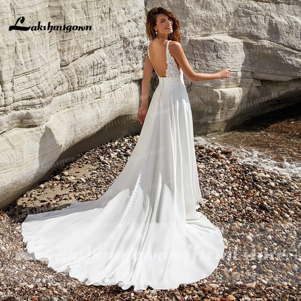 Roycebridal Modest V-Neck Wedding Dress 2022 Fashion lace appliques Sweep Train  A Line Bridal Gown New Arrival  Vestidos de Nova