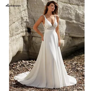 Roycebridal Modest V-Neck Wedding Dress 2022 Fashion lace appliques Sweep Train  A Line Bridal Gown New Arrival  Vestidos de Nova