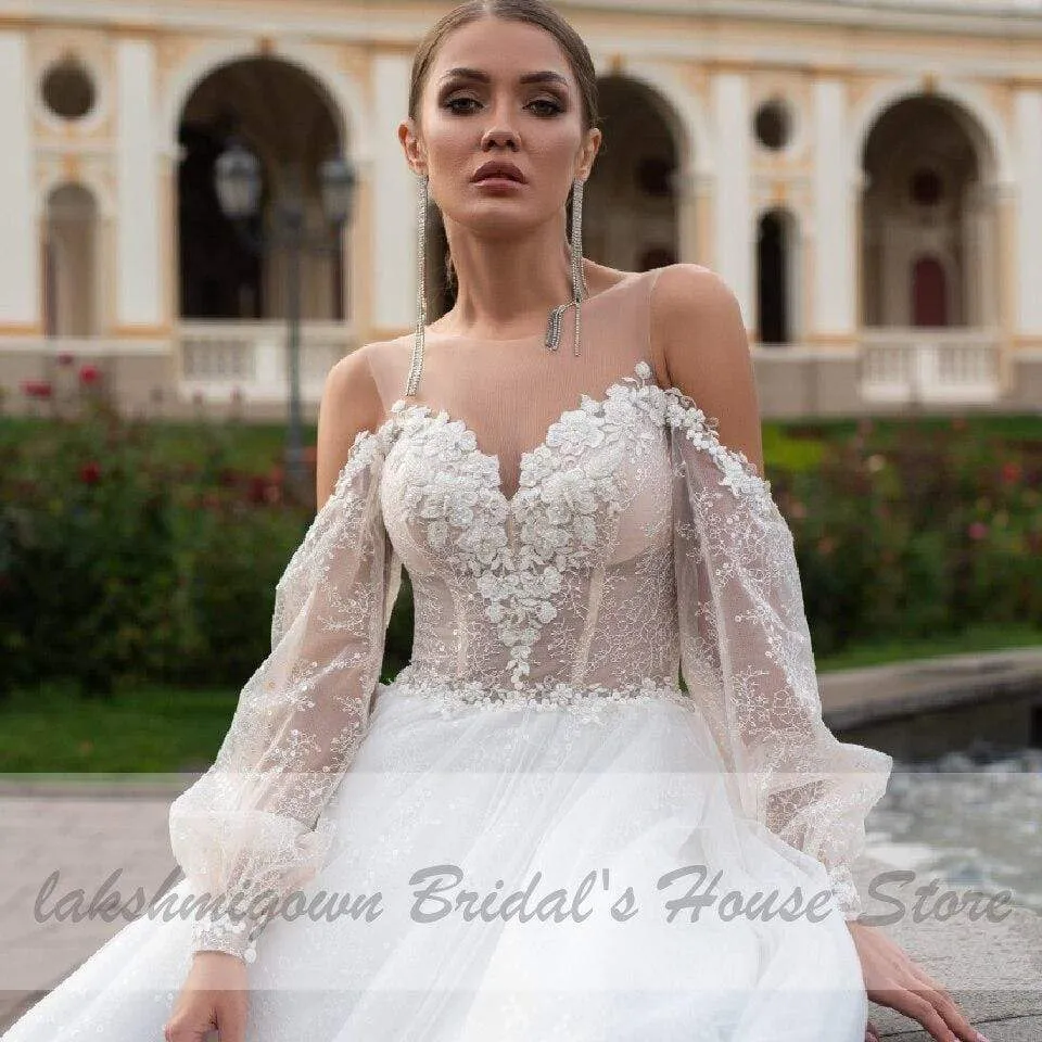 Roycebridal Princess Boho Wedding Dress with Puffy Sleeves Beach Style