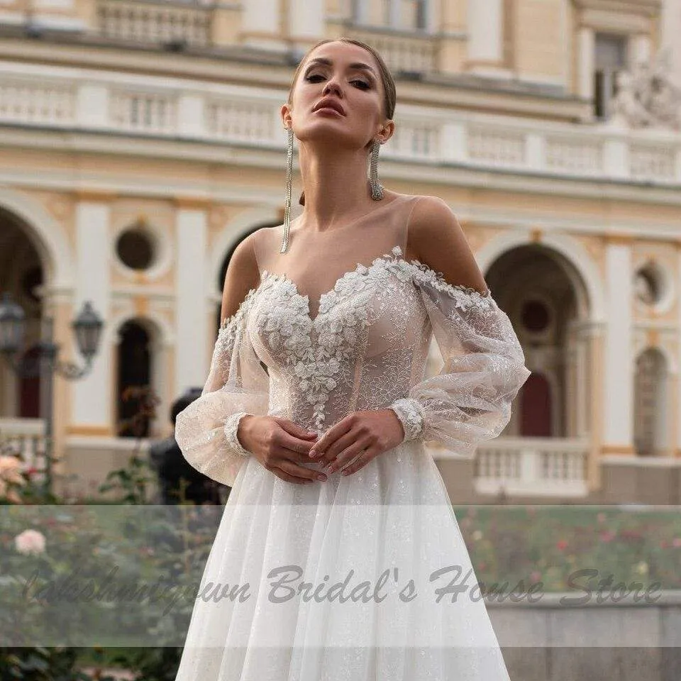 Roycebridal Princess Boho Wedding Dress with Puffy Sleeves Beach Style