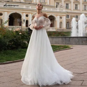 Roycebridal Princess Boho Wedding Dress with Puffy Sleeves Beach Style