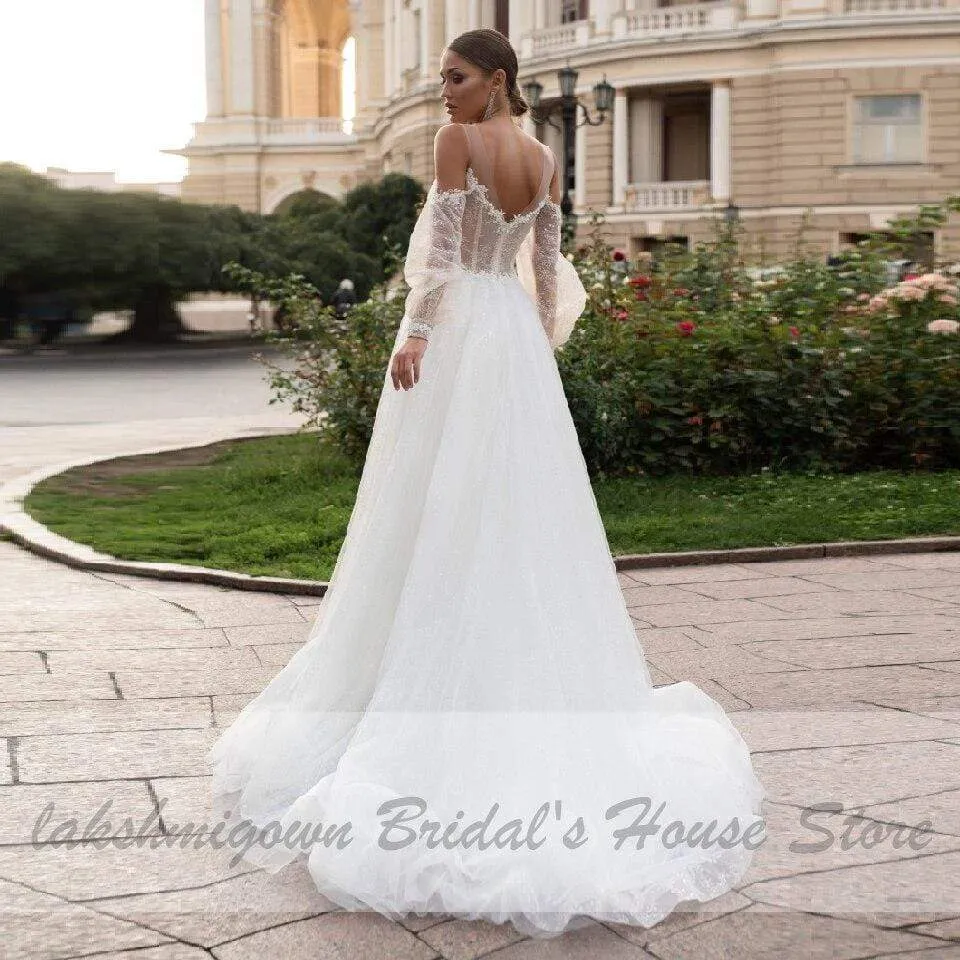 Roycebridal Princess Boho Wedding Dress with Puffy Sleeves Beach Style