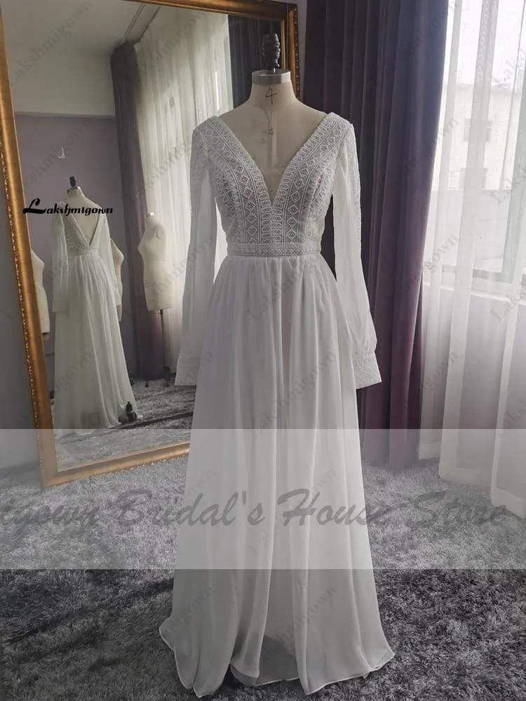 Roycebridal Puffy Long Sleeve Dress Women Boho Wedding Dresses