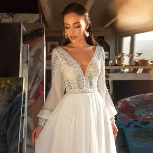 Roycebridal Puffy Long Sleeve Dress Women Boho Wedding Dresses