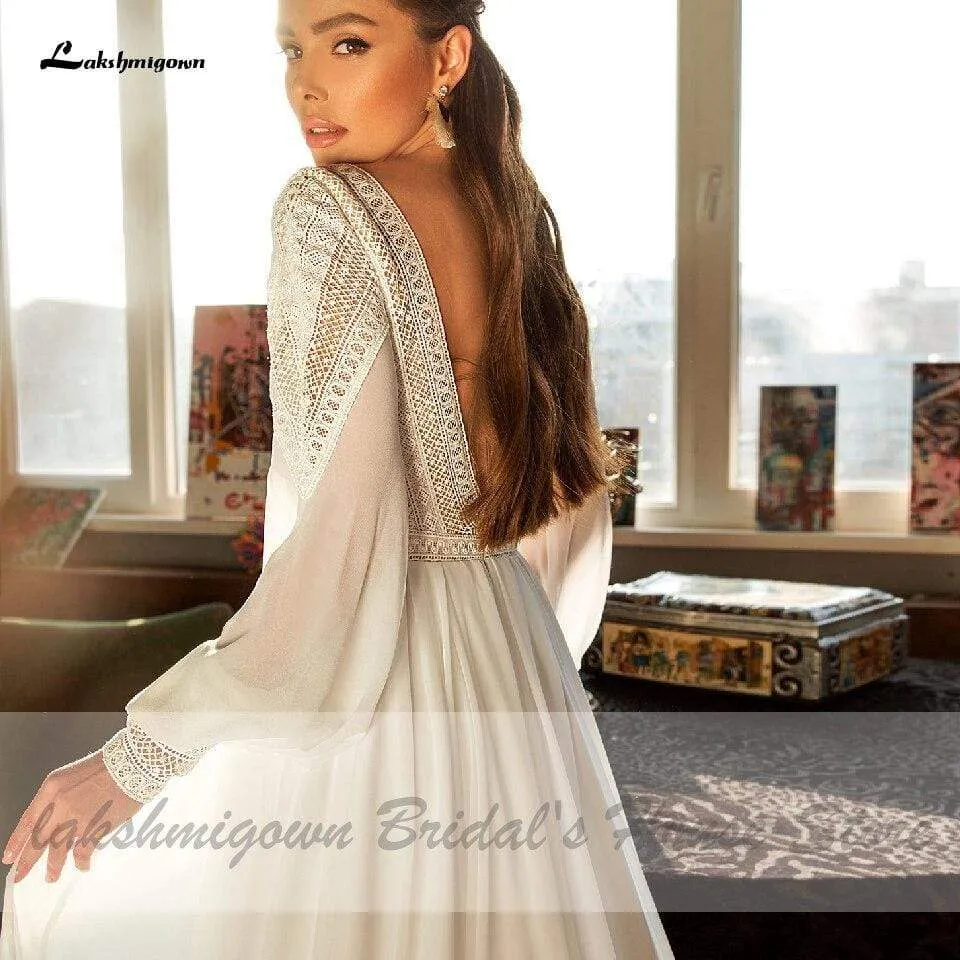 Roycebridal Puffy Long Sleeve Dress Women Boho Wedding Dresses